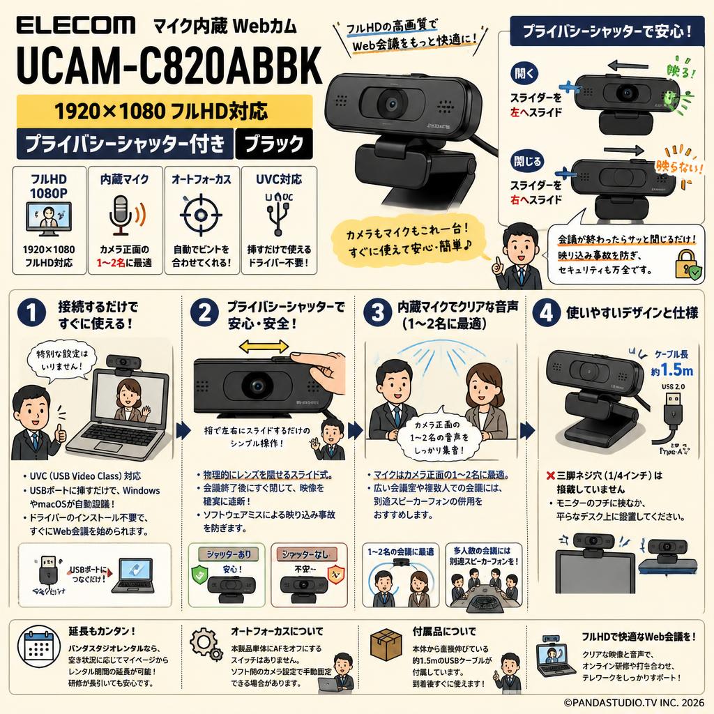 ELECOM マイク内蔵 Webカム  UCAM-C820ABBK 1920×1080 プライバシーシャッター付き ブラック FAQ（よくある質問と答え）
