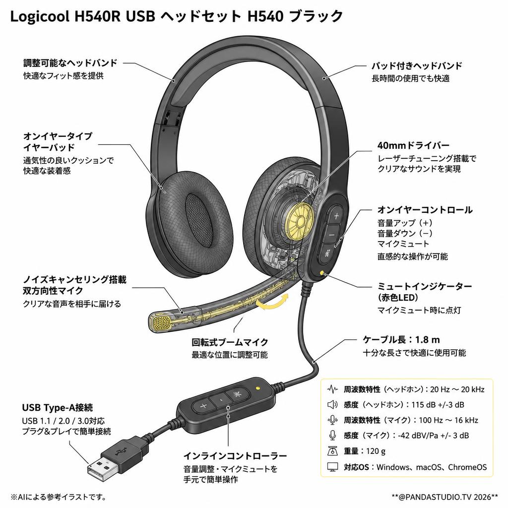 Logicool H540R USB ヘッドセット H540 ブラック スペック
