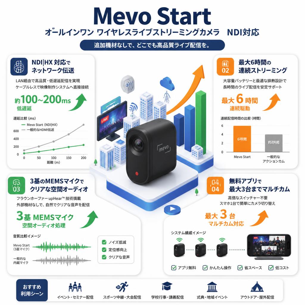 Mevo Start オールインワン ワイヤレスライブストリーミングカメラ　NDI対応 セールスポイント