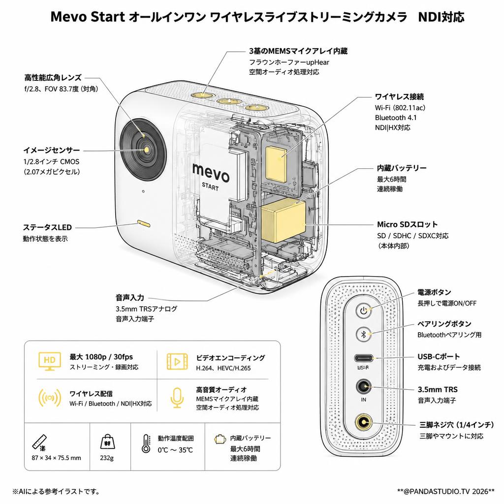 Mevo Start オールインワン ワイヤレスライブストリーミングカメラ　NDI対応 スペック