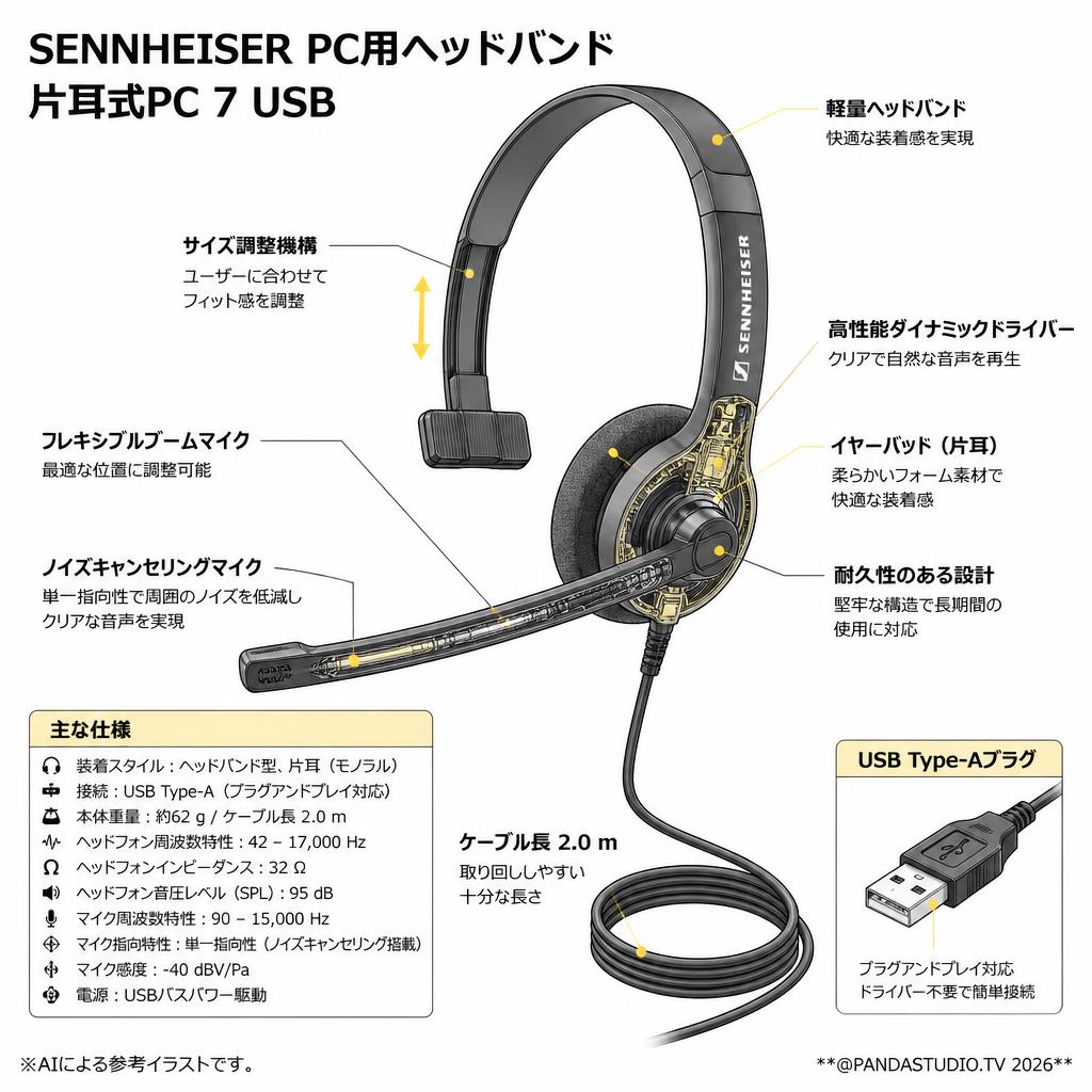Sennheiser PC用ヘッドバンド片耳式PC 7 USB スペック
