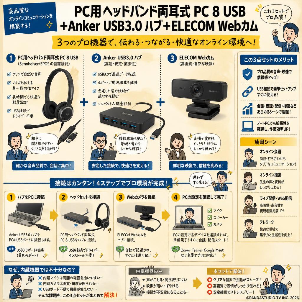 PC用ヘッドバンド両耳式 PC 8 USB+Anker USB3.0  ハブ+ELECOM Webカム 概要