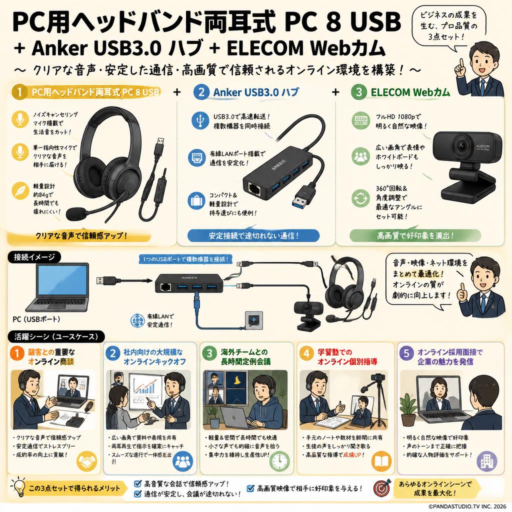 PC用ヘッドバンド両耳式 PC 8 USB+Anker USB3.0  ハブ+ELECOM Webカム 用途