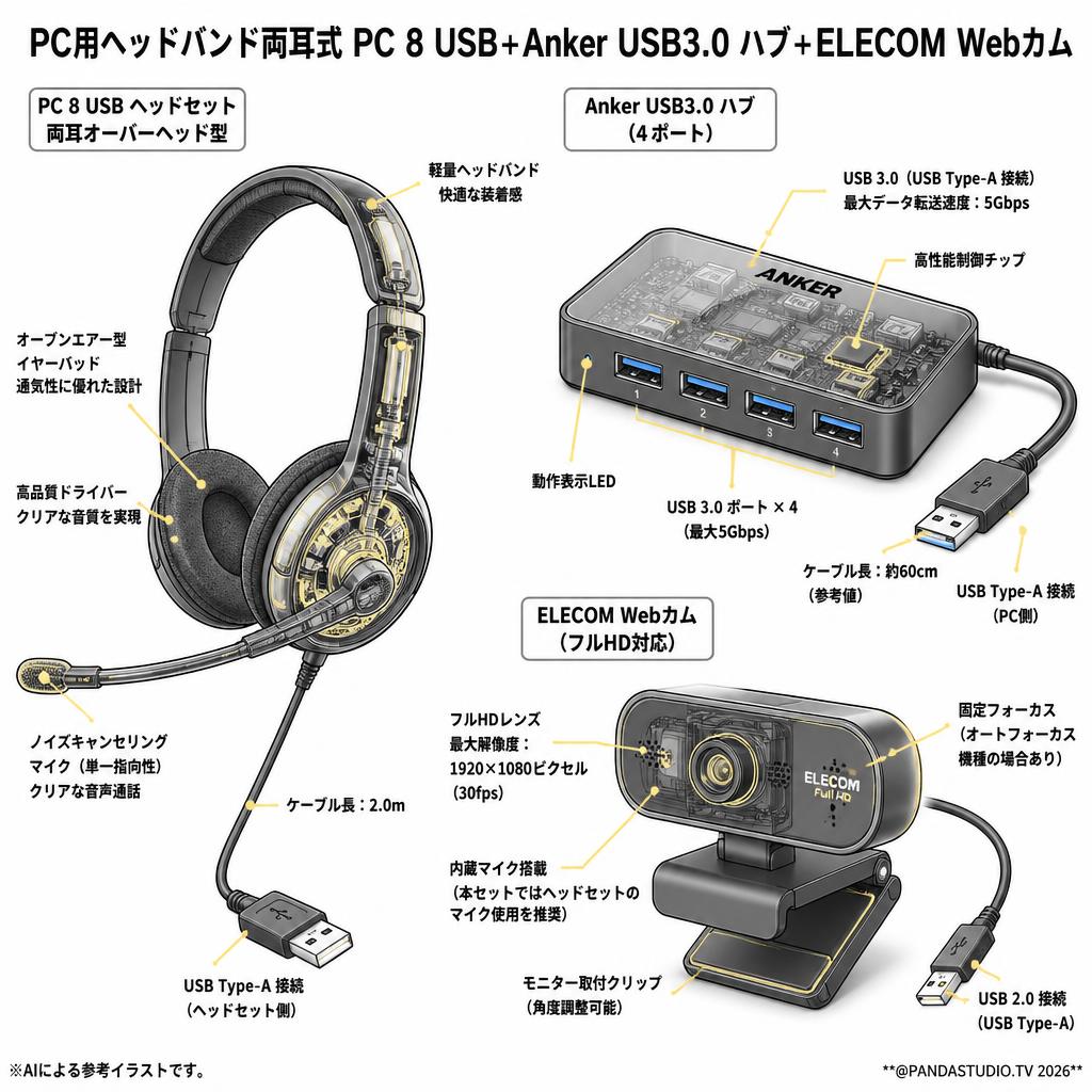 PC用ヘッドバンド両耳式 PC 8 USB+Anker USB3.0  ハブ+ELECOM Webカム スペック