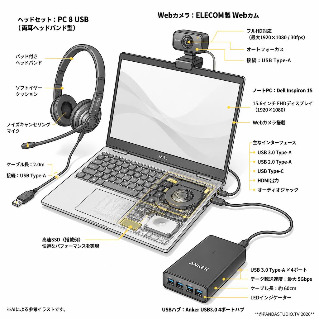 Dell Inspiron15+PC用ヘッドバンド両耳式 PC 8 USB+Anker USB3.0  ハブ+ELECOM Webカム スペック