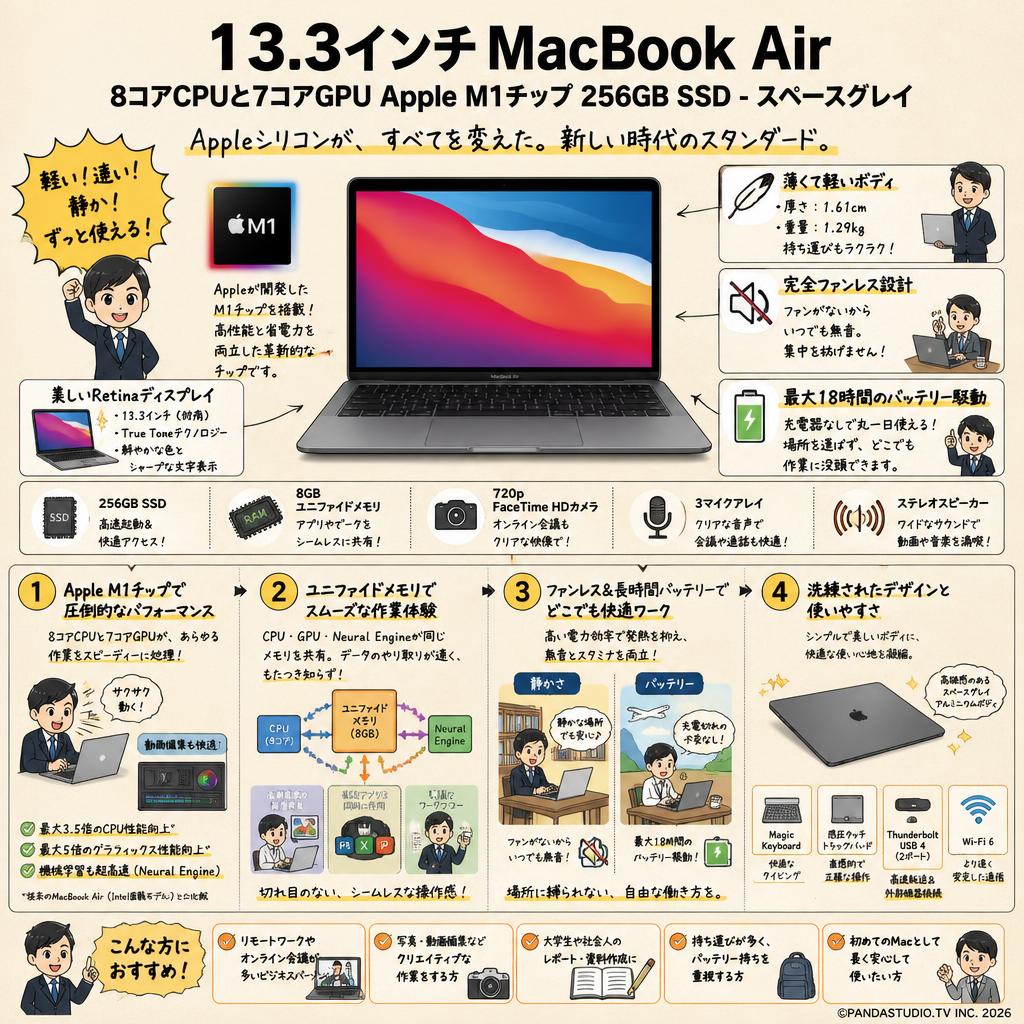 13.3インチMacBook Air 8コアCPUと7コアGPU Apple M1チップ  256GB SSD -スペースグレイ 概要