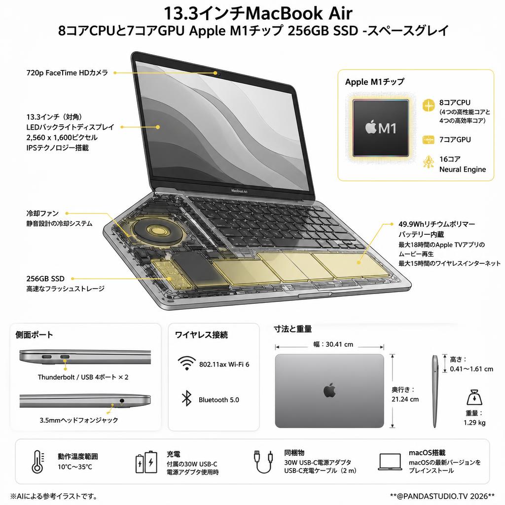 13.3インチMacBook Air 8コアCPUと7コアGPU Apple M1チップ  256GB SSD -スペースグレイ スペック