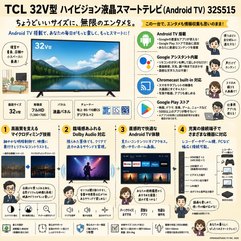 TCL 32V型 ハイビジョン液晶スマートテレビ(Android TV) 32S515 概要