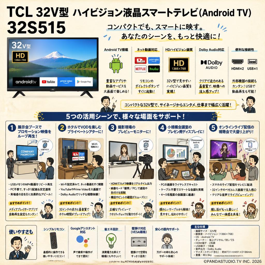 TCL 32V型 ハイビジョン液晶スマートテレビ(Android TV) 32S515 用途