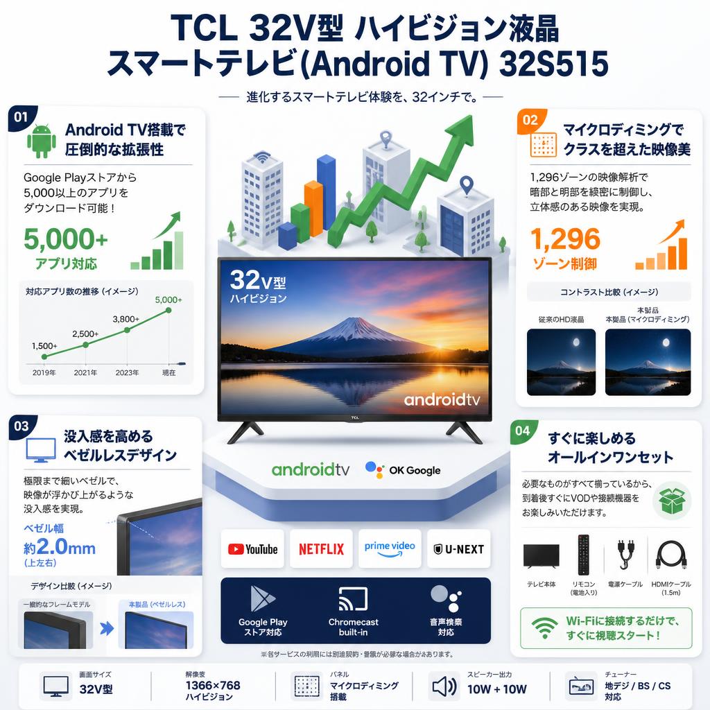 TCL 32V型 ハイビジョン液晶スマートテレビ(Android TV) 32S515 セールスポイント