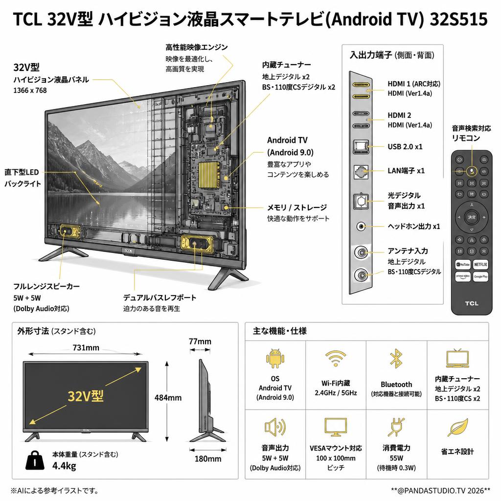 TCL 32V型 ハイビジョン液晶スマートテレビ(Android TV) 32S515 スペック