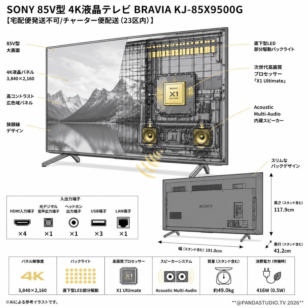 SONY 85V型 4K液晶テレビ BRAVIA KJ-85X9500G【宅配便発送不可/チャーター便配送（23区内）】 スペック