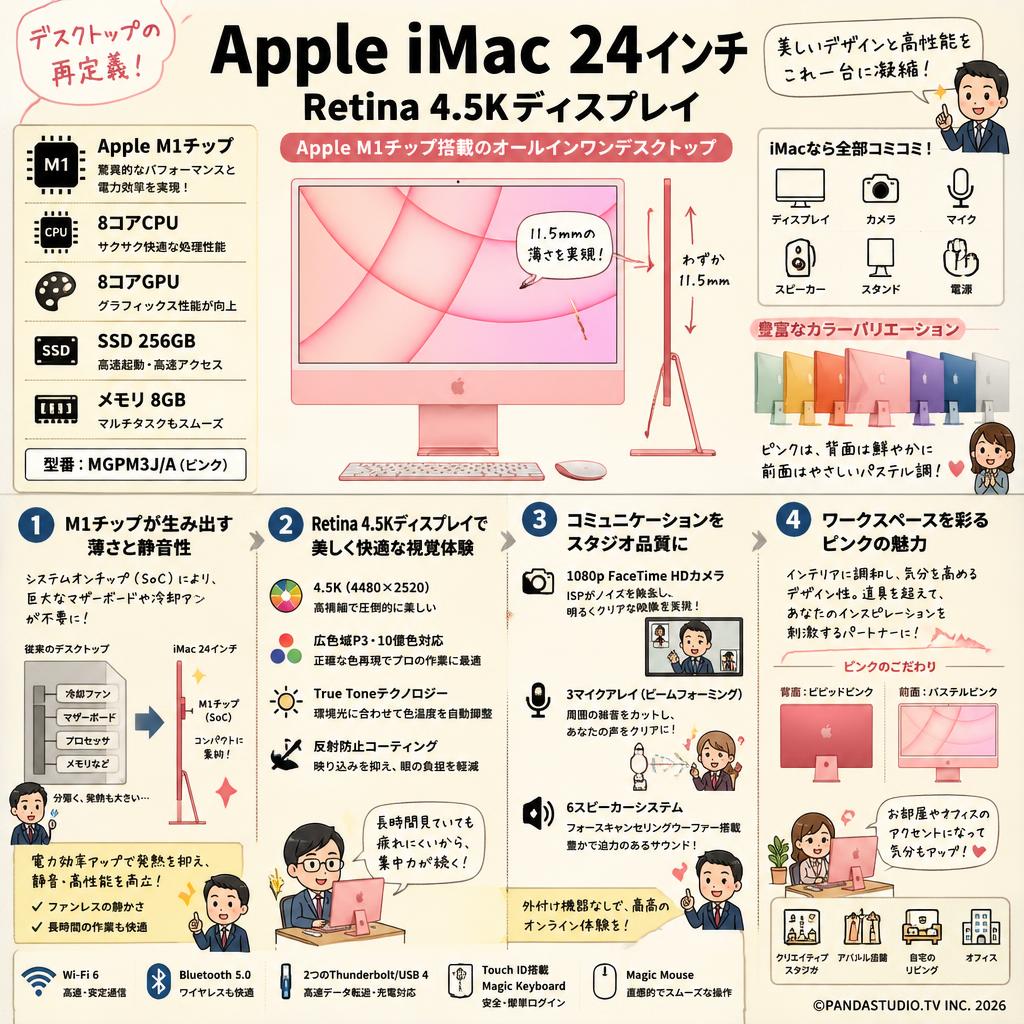 Apple iMac 24インチ Retina 4.5Kディスプレイ Apple M1チップ/8コアCPU/8コアGPU/SSD 256GB/メモリ 8GB/ピンク [MGPM3J/A] 概要