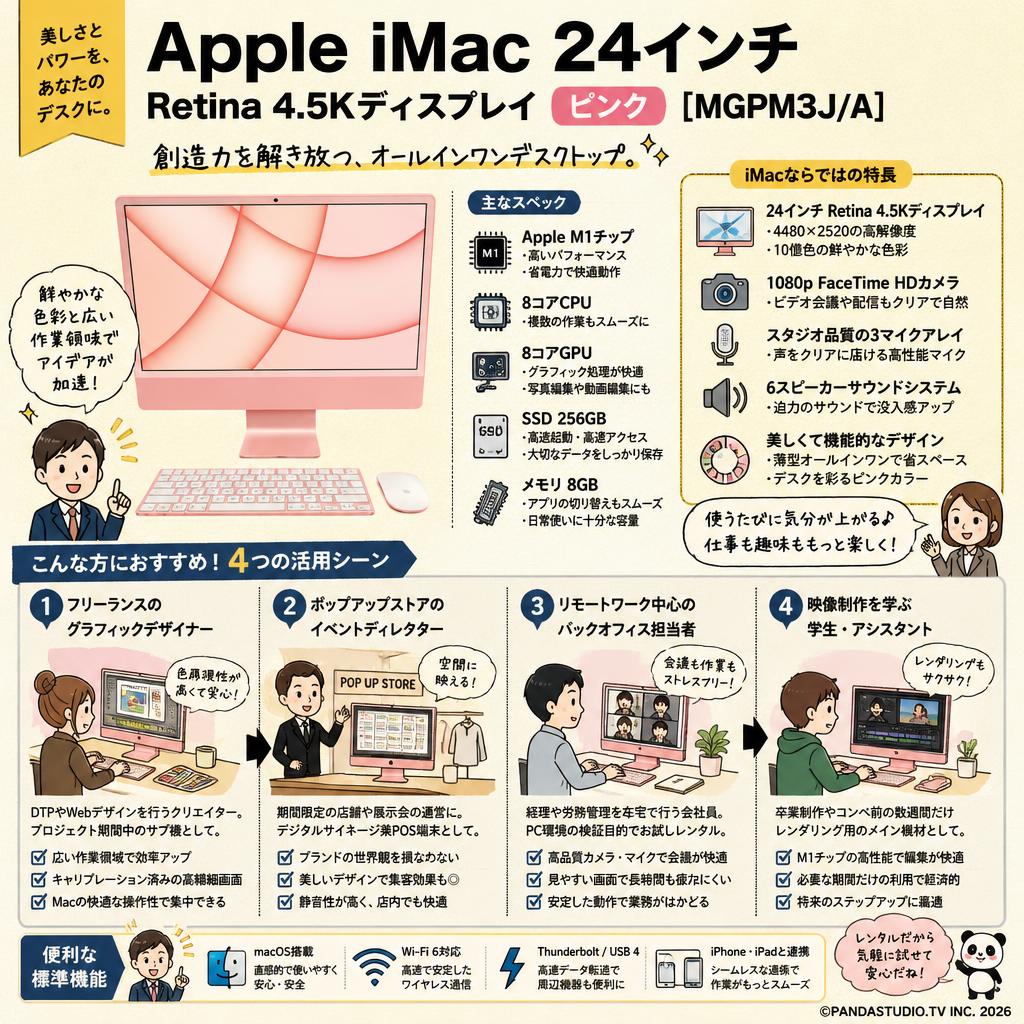 Apple iMac 24インチ Retina 4.5Kディスプレイ Apple M1チップ/8コアCPU/8コアGPU/SSD 256GB/メモリ 8GB/ピンク [MGPM3J/A] おもな対象のお客様