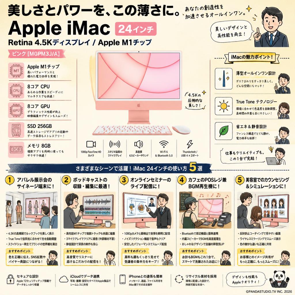 Apple iMac 24インチ Retina 4.5Kディスプレイ Apple M1チップ/8コアCPU/8コアGPU/SSD 256GB/メモリ 8GB/ピンク [MGPM3J/A] 用途