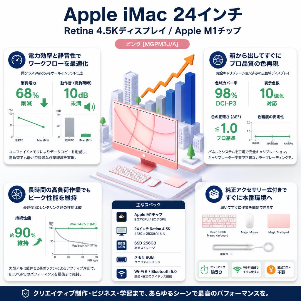 Apple iMac 24インチ Retina 4.5Kディスプレイ Apple M1チップ/8コアCPU/8コアGPU/SSD 256GB/メモリ 8GB/ピンク [MGPM3J/A] セールスポイント