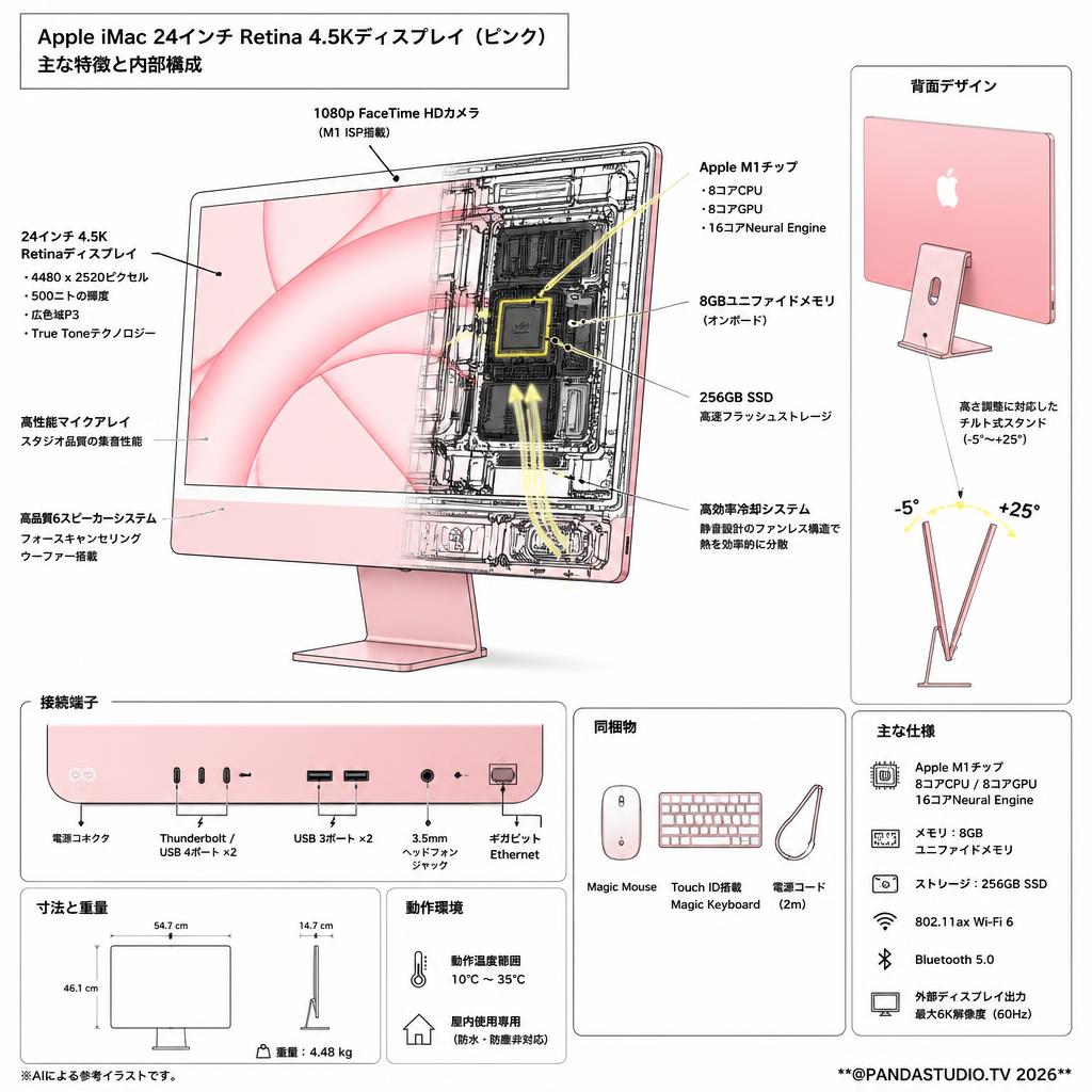 Apple iMac 24インチ Retina 4.5Kディスプレイ Apple M1チップ/8コアCPU/8コアGPU/SSD 256GB/メモリ 8GB/ピンク [MGPM3J/A] スペック