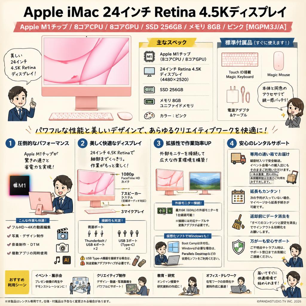 Apple iMac 24インチ Retina 4.5Kディスプレイ Apple M1チップ/8コアCPU/8コアGPU/SSD 256GB/メモリ 8GB/ピンク [MGPM3J/A] FAQ（よくある質問と答え）