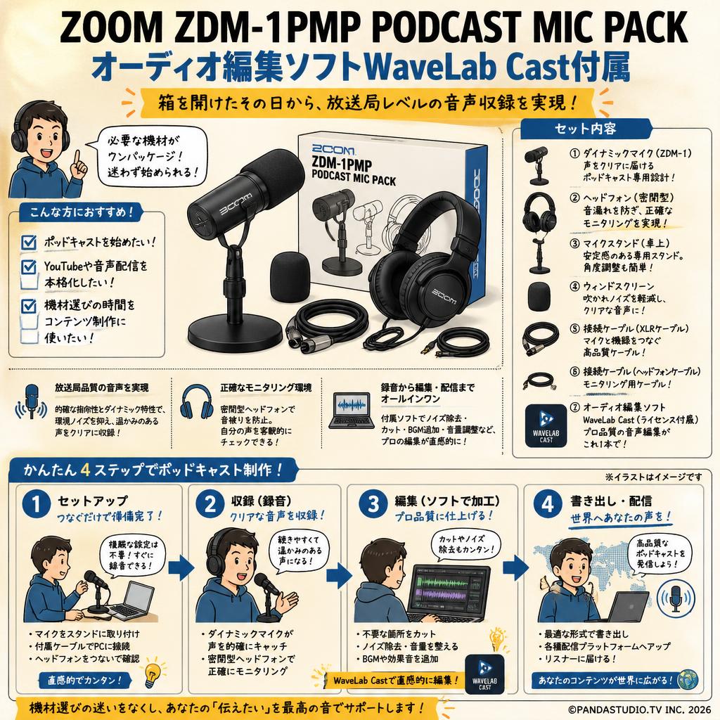 ZOOM ZDM-1PMP PODCAST MIC PACK オーディオ編集ソフトWaveLab Cast付属 概要