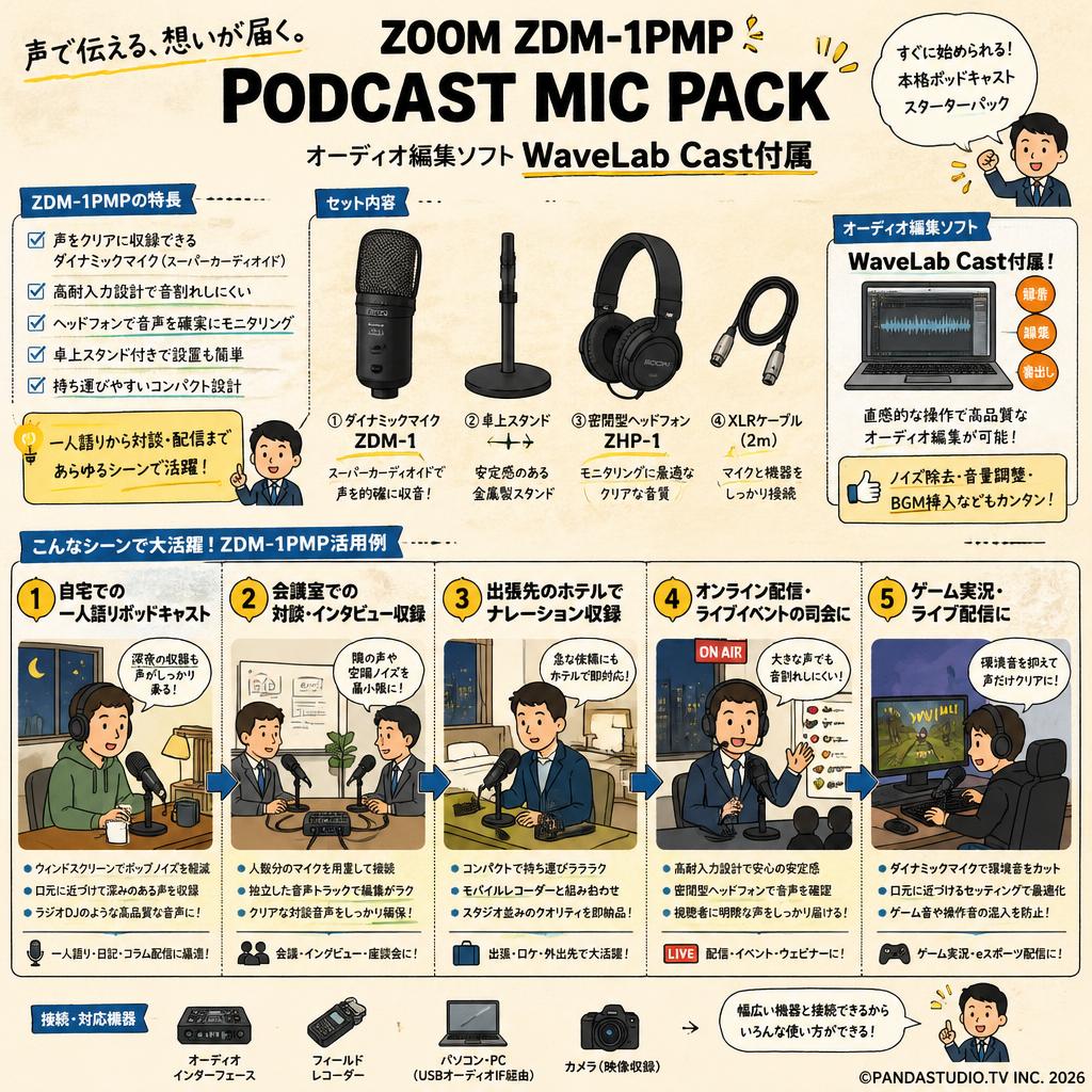 ZOOM ZDM-1PMP PODCAST MIC PACK オーディオ編集ソフトWaveLab Cast付属 用途