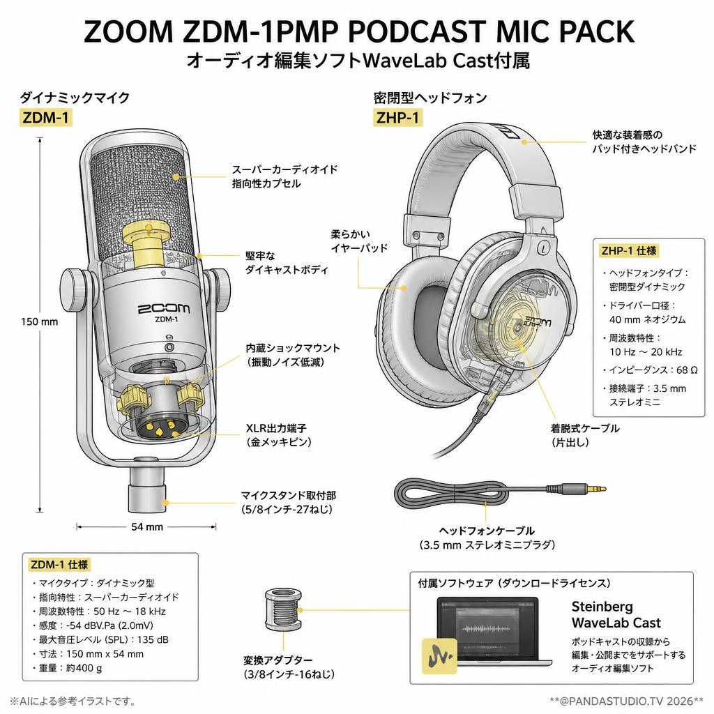 ZOOM ZDM-1PMP PODCAST MIC PACK オーディオ編集ソフトWaveLab Cast付属 スペック