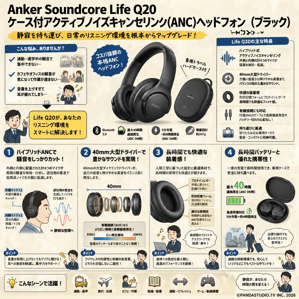 Anker Soundcore Life Q20ケース付アクティブノイズキャンセリング(ANC)ヘッドフォン（ブラック） 概要