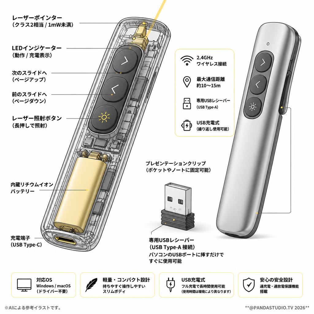 technologic  ワイヤレス プレゼンター レーザーポインター  USB 充電式 TCG-005 スペック