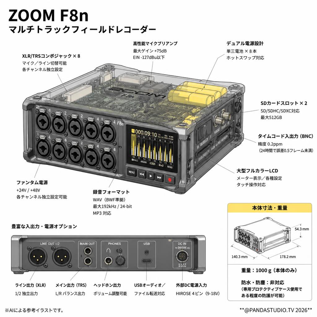 ZOOM  F8n マルチトラックフィールドレコーダー スペック