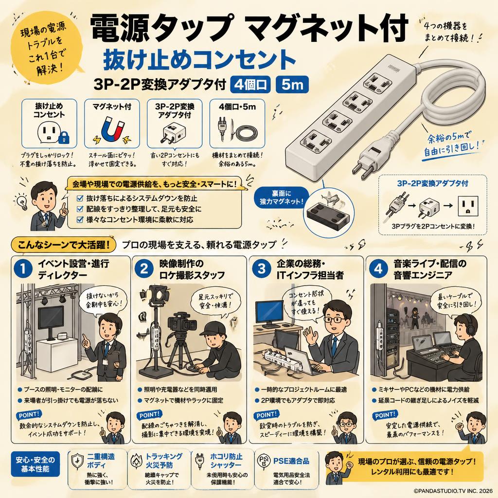 電源タップ マグネット付 抜け止めコンセント 3P-2P変換アダプタ付 4個口 5m おもな対象のお客様