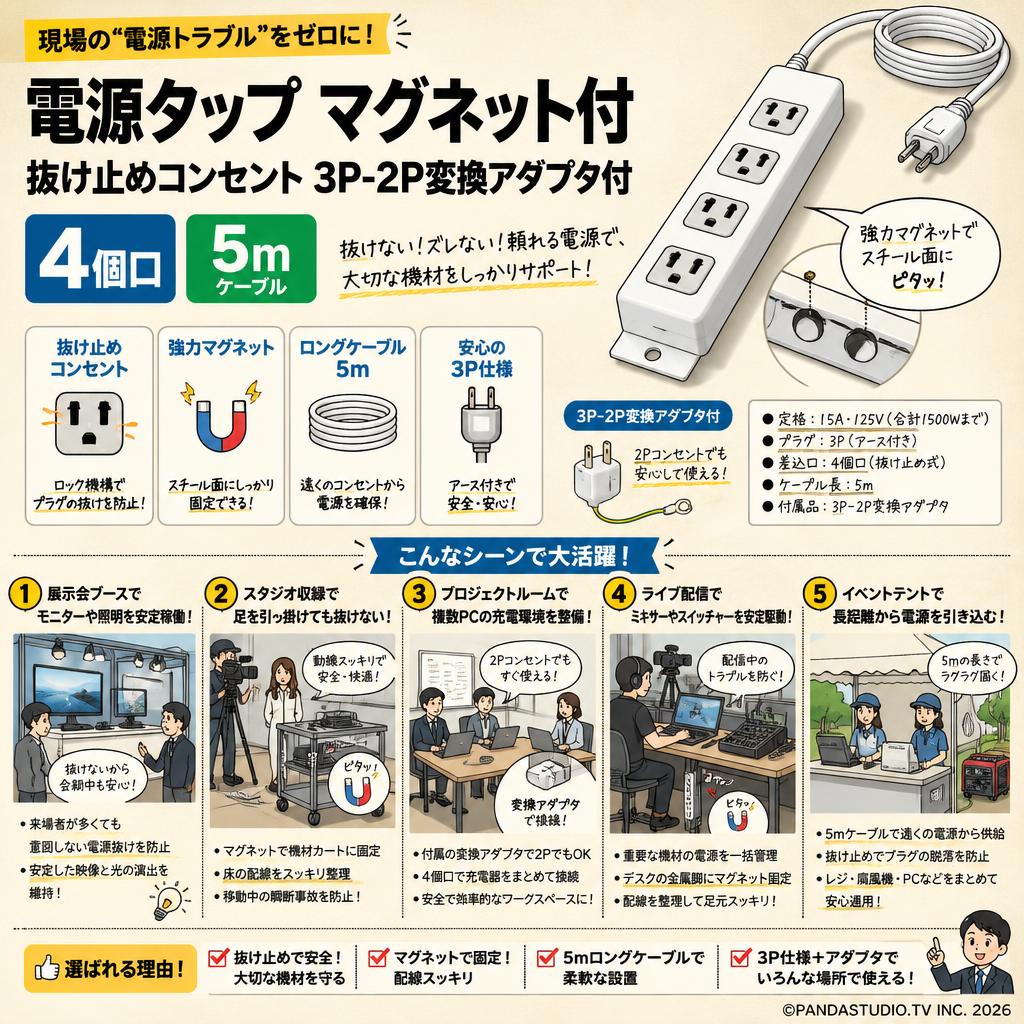 電源タップ マグネット付 抜け止めコンセント 3P-2P変換アダプタ付 4個口 5m 用途