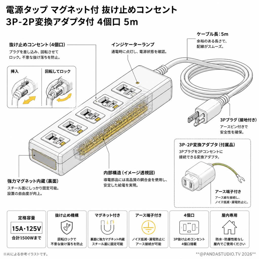 電源タップ マグネット付 抜け止めコンセント 3P-2P変換アダプタ付 4個口 5m スペック