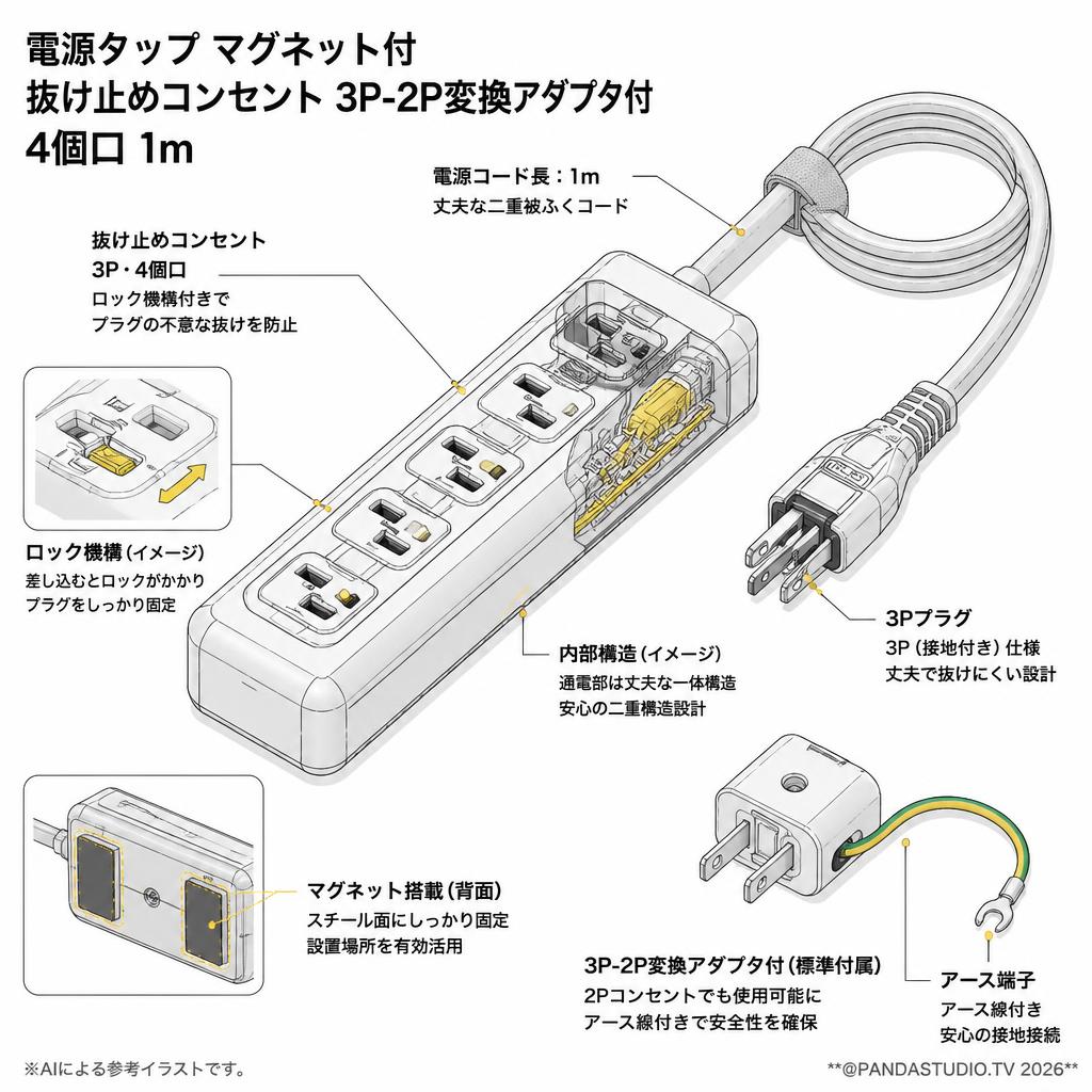 電源タップ マグネット付 抜け止めコンセント 3P-2P変換アダプタ付 4個口 1m スペック