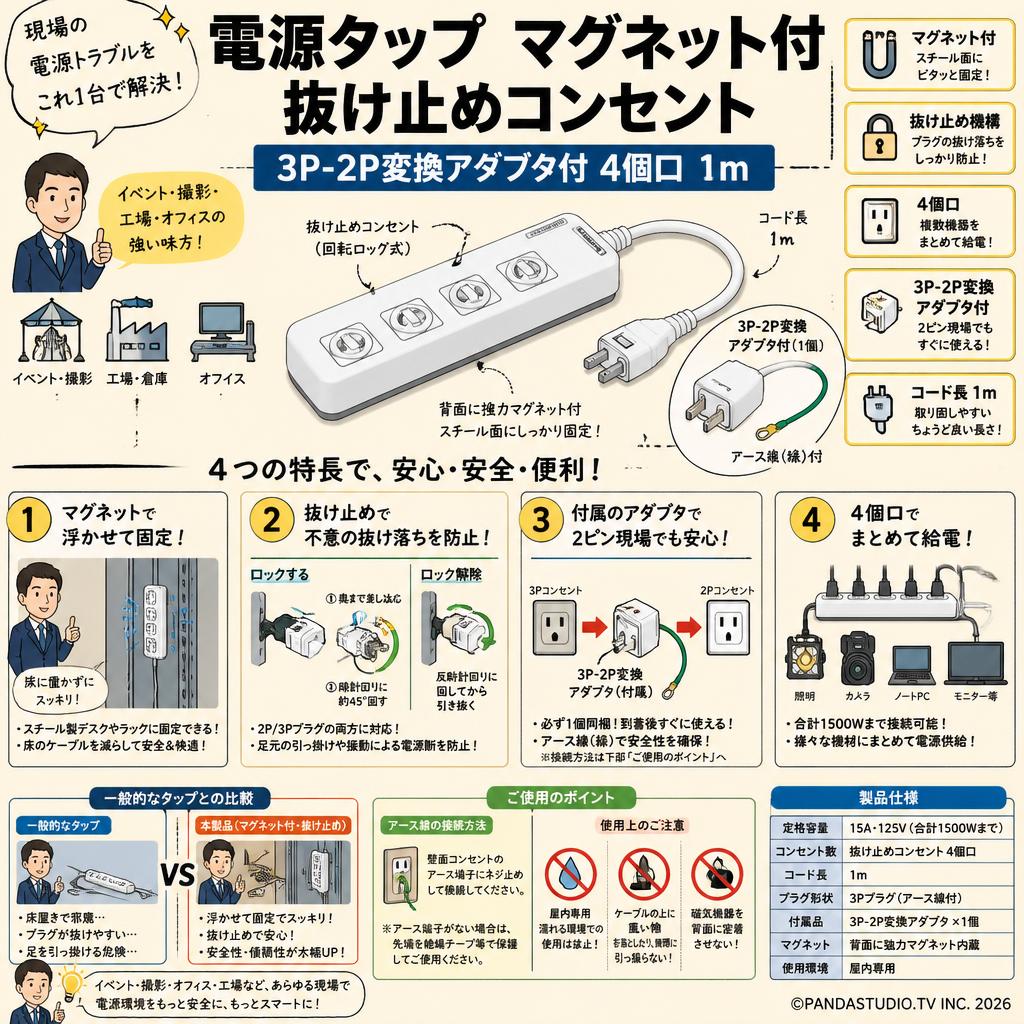 電源タップ マグネット付 抜け止めコンセント 3P-2P変換アダプタ付 4個口 1m FAQ（よくある質問と答え）