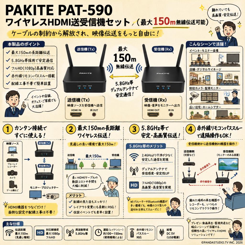 ルーター・ネットワーク機器 PAKITE Wireless HD Extender PAT-590 PAKITE PAT-590 ワイヤレスHDMI送受信機セット（ 最大150m無線伝送