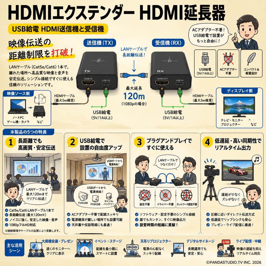 HDMIエクステンダー HDMI延長器USB給電 HDMI送信機と受信機 概要