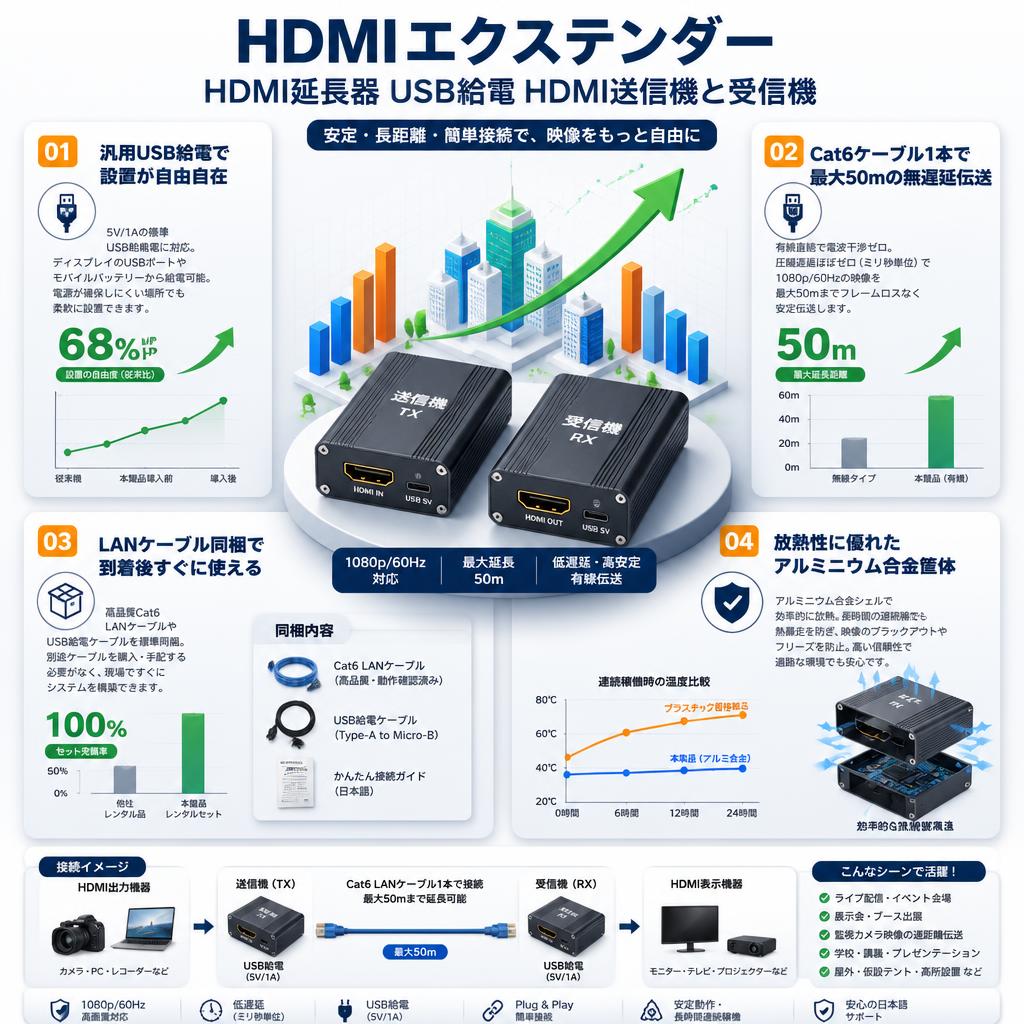 HDMIエクステンダー HDMI延長器USB給電 HDMI送信機と受信機 セールスポイント