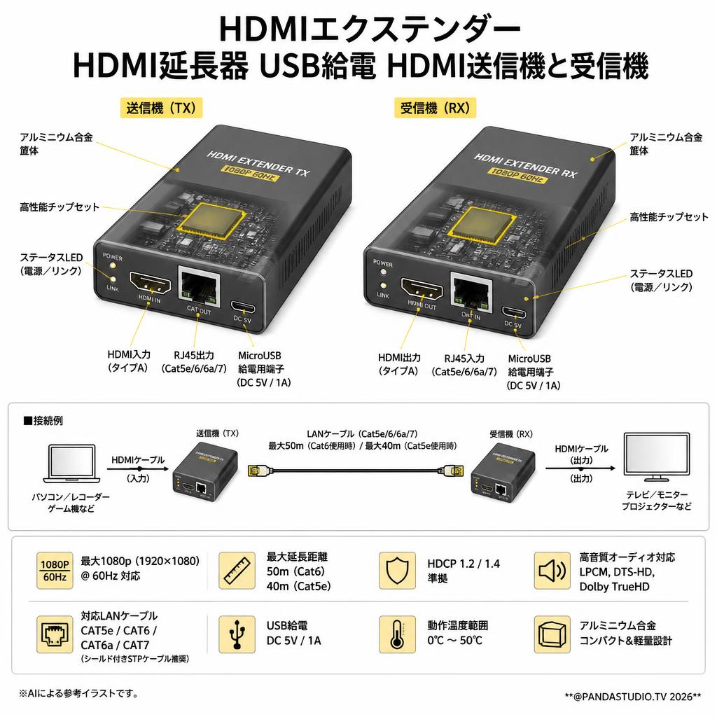 HDMIエクステンダー HDMI延長器USB給電 HDMI送信機と受信機 スペック