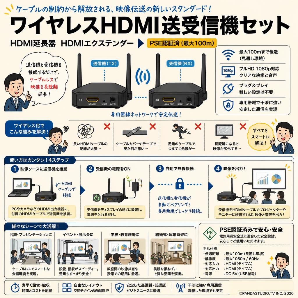 ワイヤレスHDMI送受信機セット HDMI延長器 HDMIエクステンダー PSE認証済（最大100m） 概要