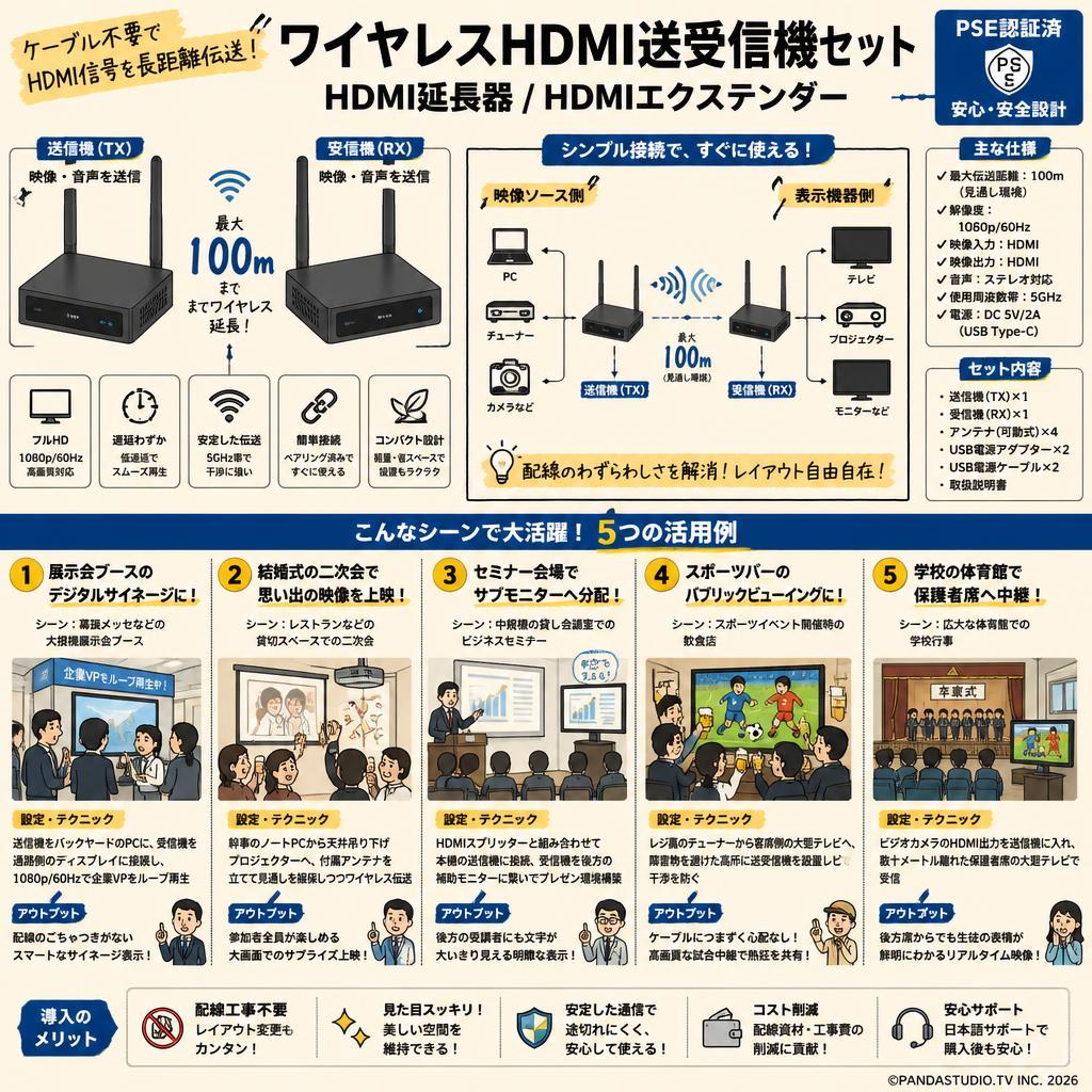 ワイヤレスHDMI送受信機セット HDMI延長器 HDMIエクステンダー PSE認証済（最大100m） 用途