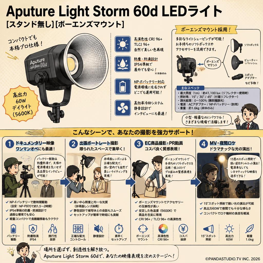 Aputure Light Storm 60d LEDライト(スタンド無し)[ボーエンズマウント] おもな対象のお客様