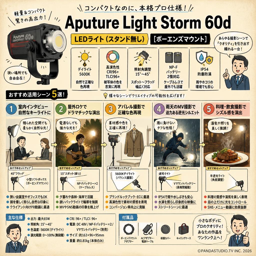 Aputure Light Storm 60d LEDライト(スタンド無し)[ボーエンズマウント] 用途