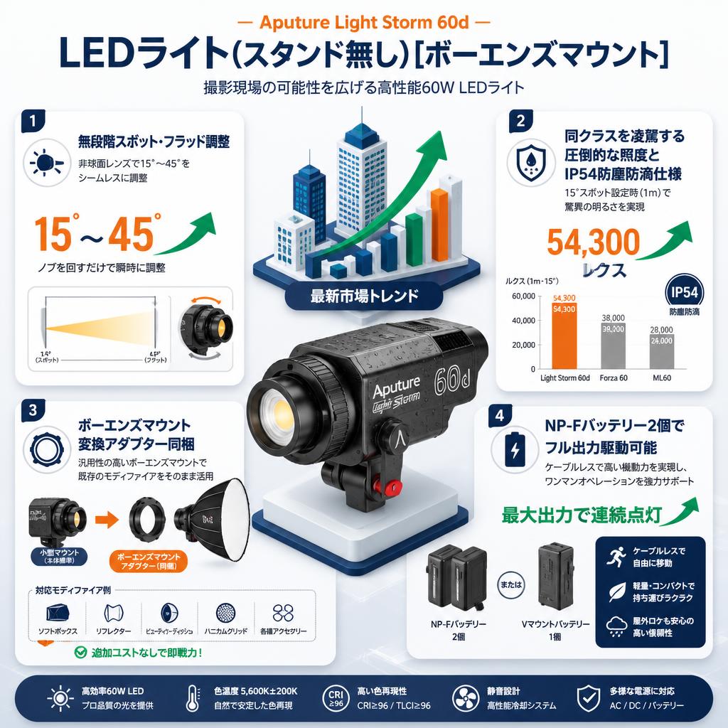 Aputure Light Storm 60d LEDライト(スタンド無し)[ボーエンズマウント] セールスポイント