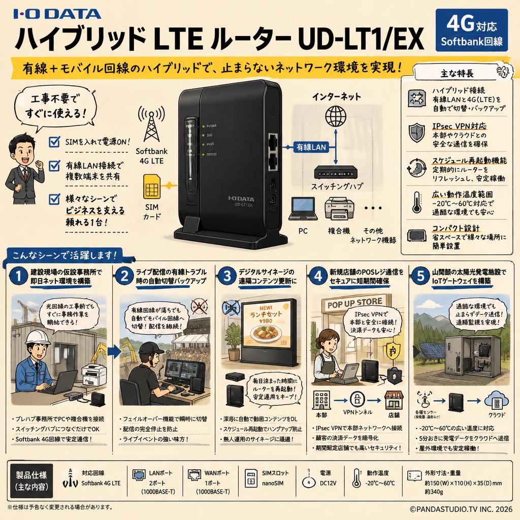 I-O DATA ハイブリッド LTE ルーター UD-LT1/EX 4G対応 Softbank回線 用途