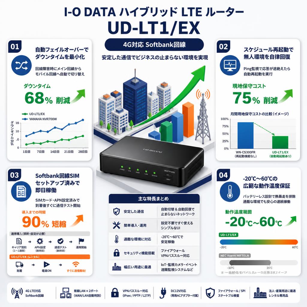 I-O DATA ハイブリッド LTE ルーター UD-LT1/EX 4G対応 Softbank回線 セールスポイント