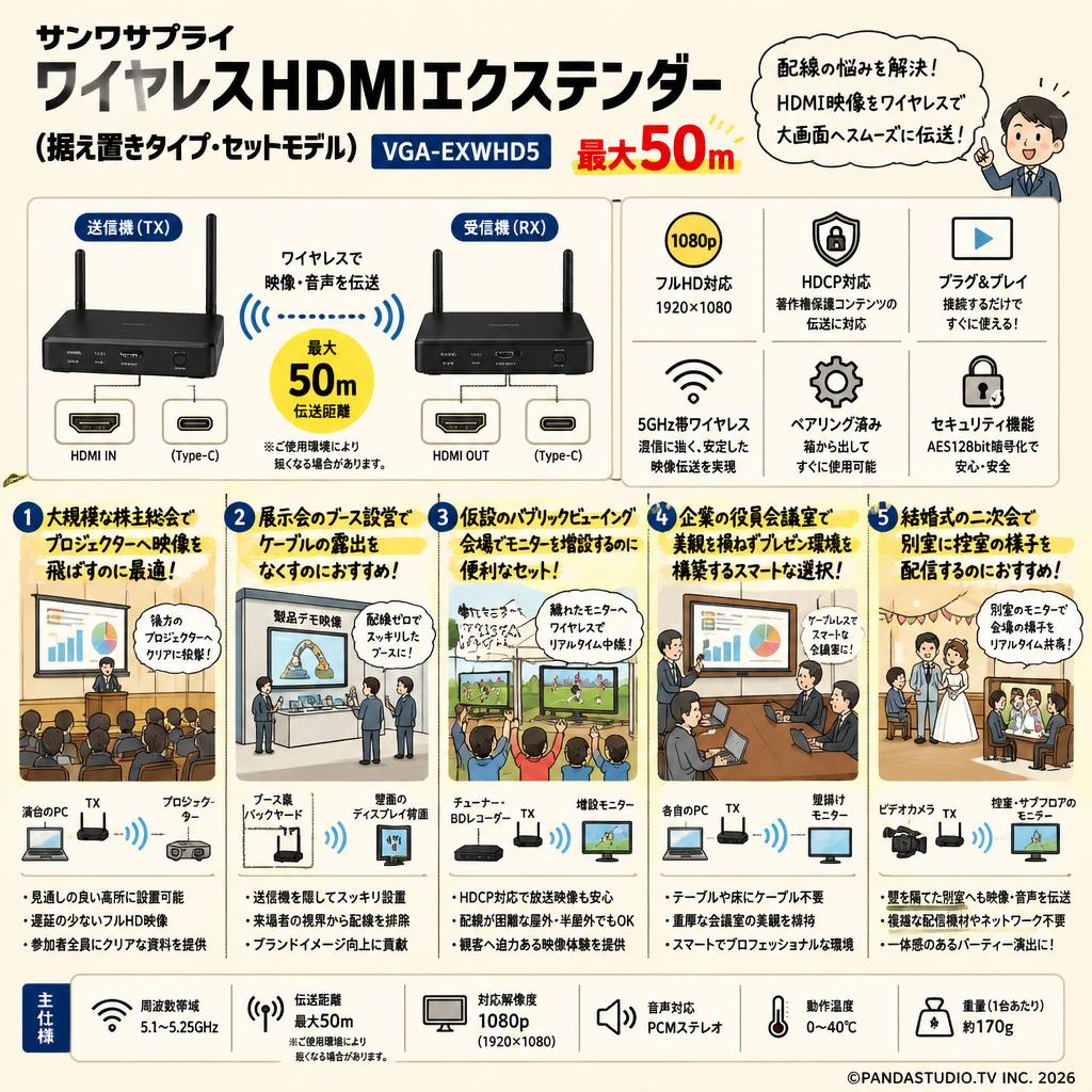 サンワサプライ ワイヤレスHDMIエクステンダー(据え置きタイプ・セットモデル) VGA-EXWHD5（最大50m） 用途