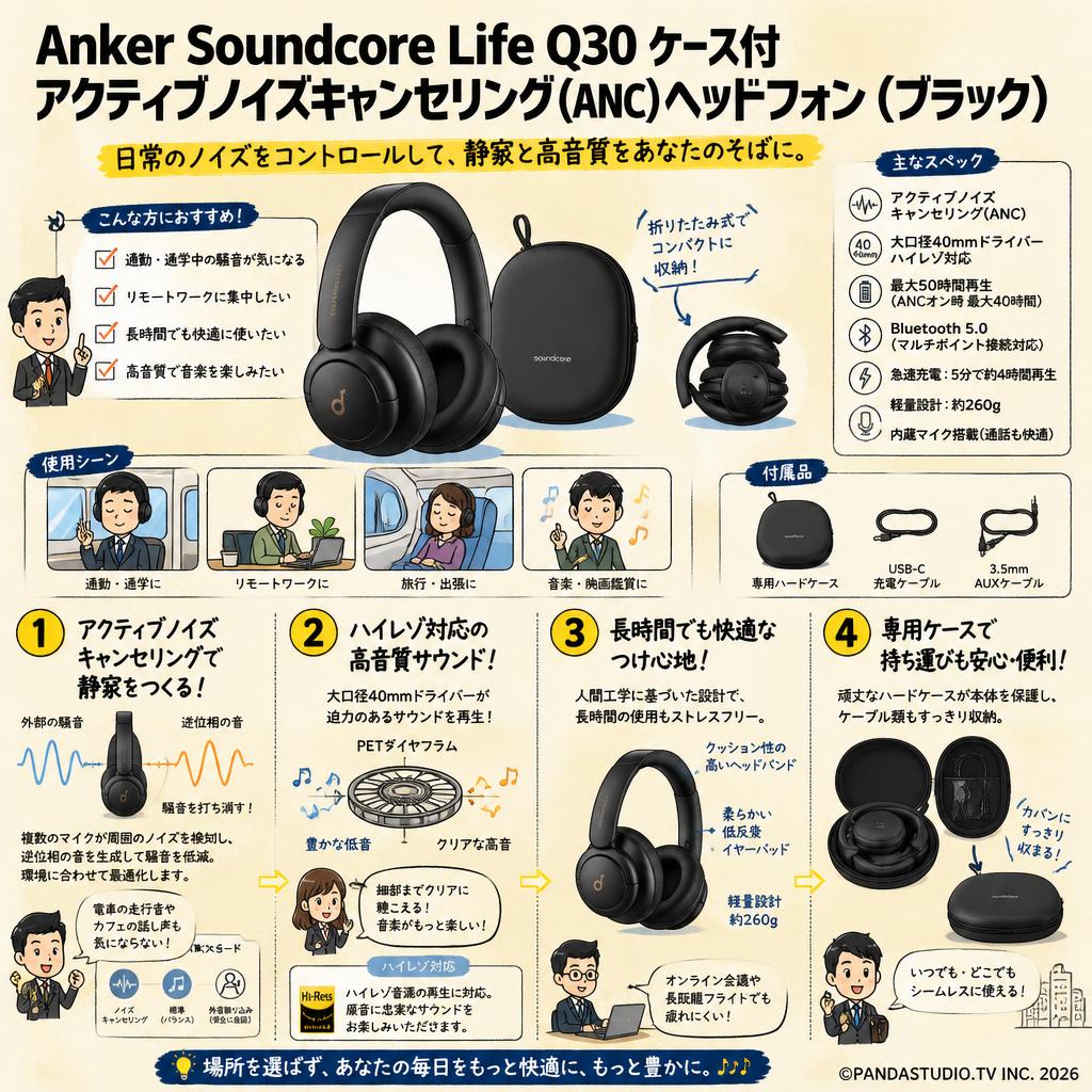 Anker Soundcore Life Q30ケース付 アクティブノイズキャンセリング(ANC)ヘッドフォン（ブラック） 概要