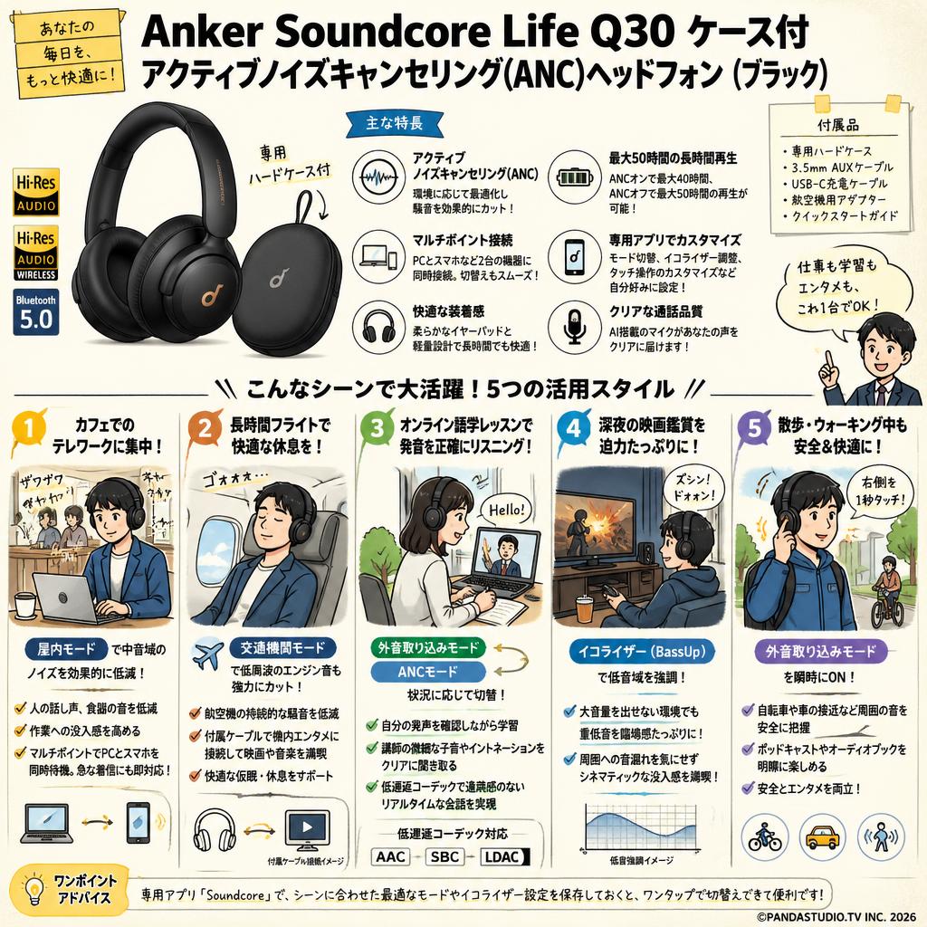 Anker Soundcore Life Q30ケース付 アクティブノイズキャンセリング(ANC)ヘッドフォン（ブラック） 用途