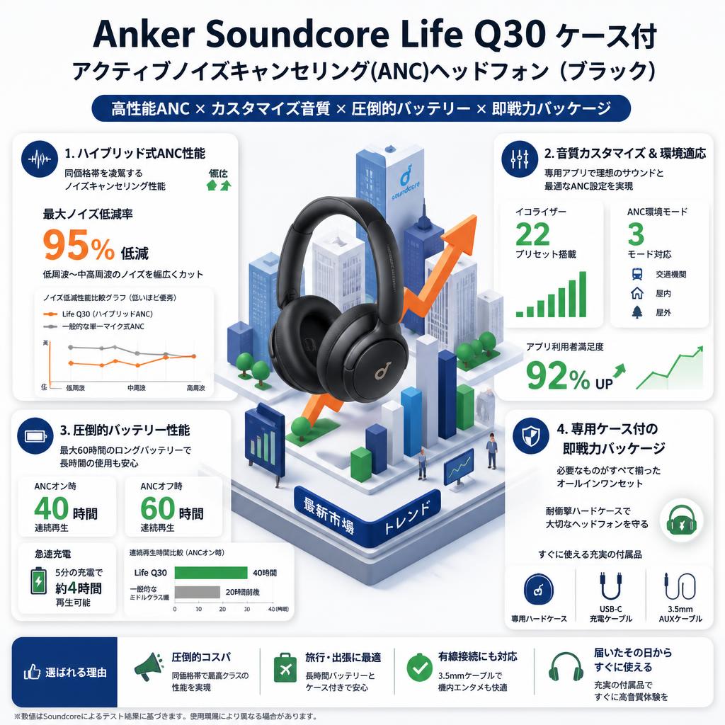 Anker Soundcore Life Q30ケース付 アクティブノイズキャンセリング(ANC)ヘッドフォン（ブラック） セールスポイント