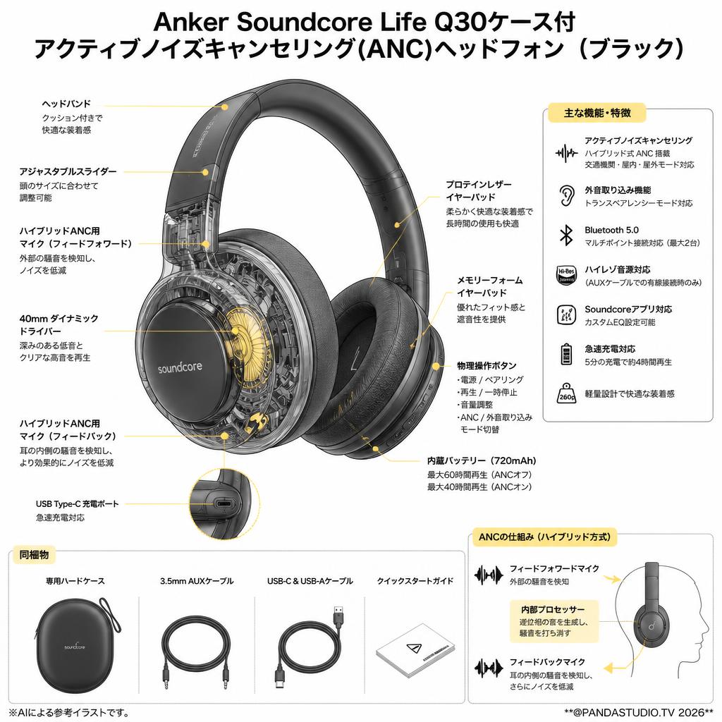 Anker Soundcore Life Q30ケース付 アクティブノイズキャンセリング(ANC)ヘッドフォン（ブラック） スペック