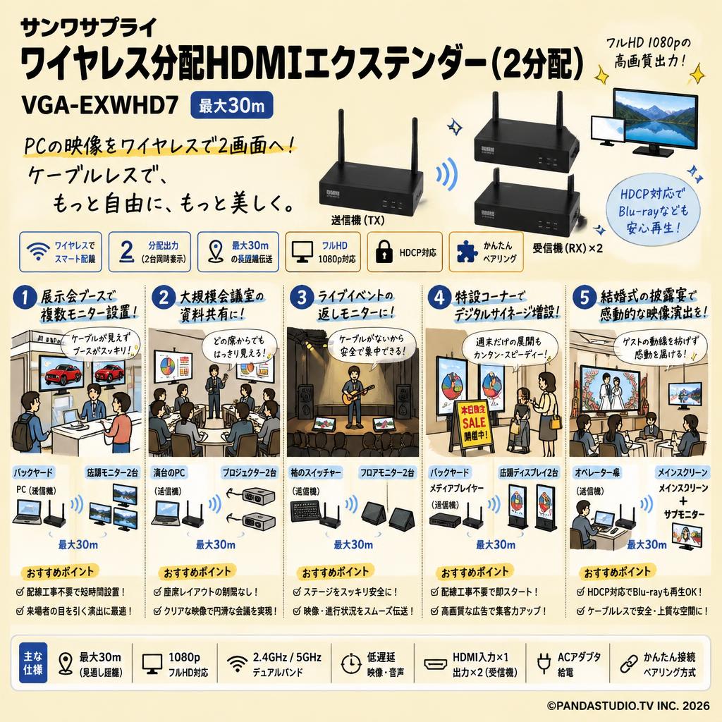 サンワサプライ ワイヤレス分配HDMIエクステンダー(2分配) VGA-EXWHD7（最大30m） 用途